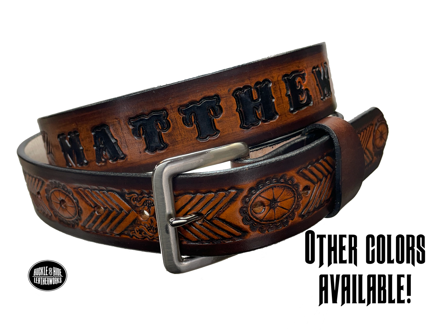 This unique belt features a chevron shape that replicates a hand-laced look, plus an oval concho. Snap-on buckle made from veg tan cowhide in your choice of finish or with a name. Crafted with care in Tennessee, just a hop, skip, and a jump away from Nashville.