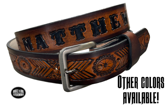 This unique belt features a chevron shape that replicates a hand-laced look, plus an oval concho. Snap-on buckle made from veg tan cowhide in your choice of finish or with a name. Crafted with care in Tennessee, just a hop, skip, and a jump away from Nashville.