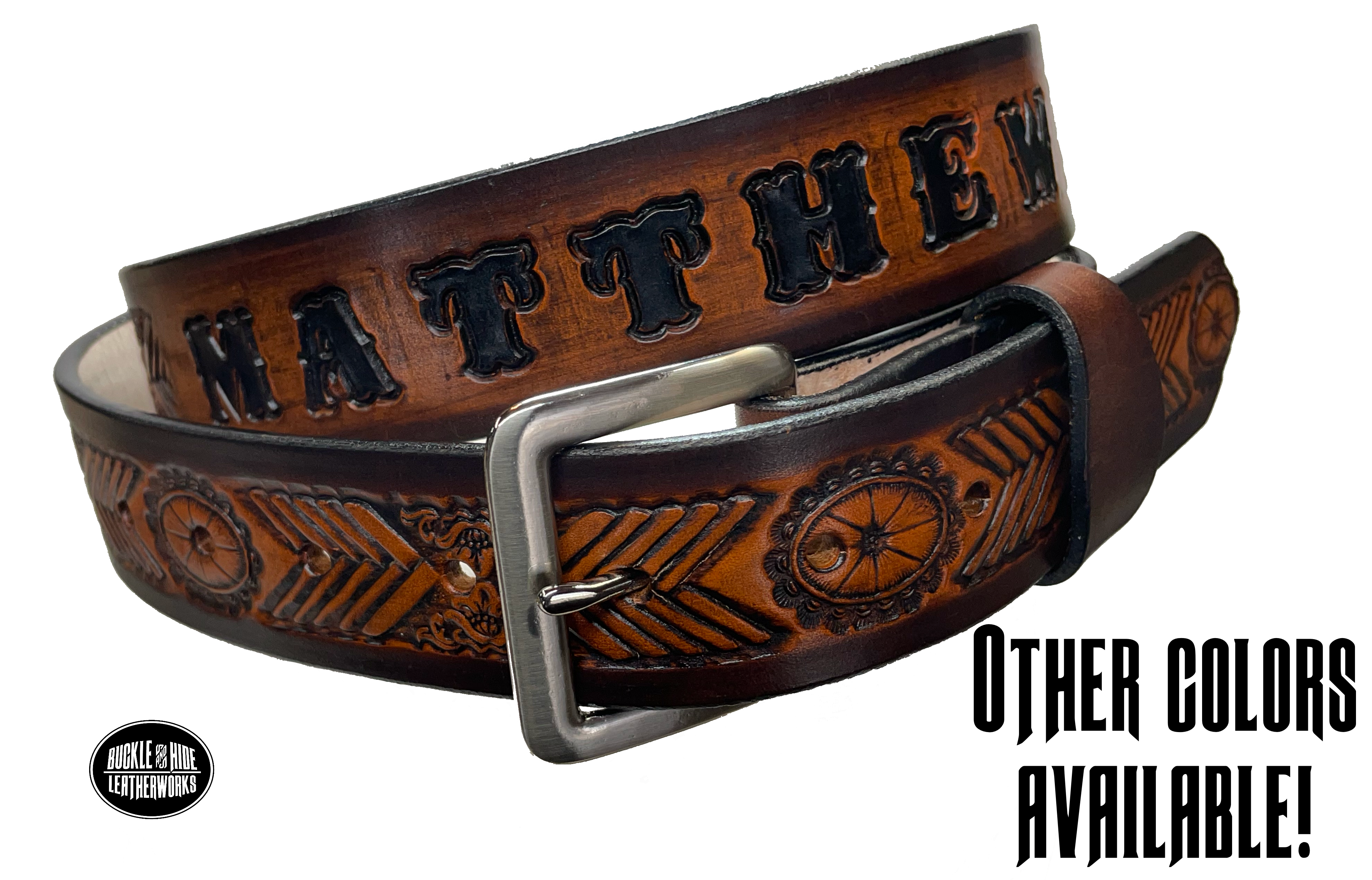 This unique belt features a chevron shape that replicates a hand-laced look, plus an oval concho. Snap-on buckle made from veg tan cowhide in your choice of finish or with a name. Crafted with care in Tennessee, just a hop, skip, and a jump away from Nashville.