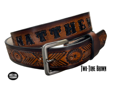 Full grain American vegetable tanned cowhide approx. 1/8"thick. Width 1 1/2" and includes Antique Nickle plated Solid Brass buckle Hand Finished in 3 color options Smooth burnished painted edges Choose with or without name, if without name, design will cover entire length of belt For name Type name desired on belt in "Type Name Here" section, no more than 8 letters maximum Buckle snaps in place for easy changing if desired Made in our Smyrna, TN, USA shop Belt Sizing Instructions