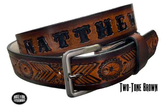Full grain American vegetable tanned cowhide approx. 1/8"thick. Width 1 1/2" and includes Antique Nickle plated Solid Brass buckle Hand Finished in 3 color options Smooth burnished painted edges Choose with or without name, if without name, design will cover entire length of belt For name Type name desired on belt in "Type Name Here" section, no more than 8 letters maximum Buckle snaps in place for easy changing if desired Made in our Smyrna, TN, USA shop Belt Sizing Instructions