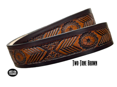 Full grain American vegetable tanned cowhide approx. 1/8"thick. Width 1 1/2" and includes Antique Nickle plated Solid Brass buckle Hand Finished in 3 color options Smooth burnished painted edges Choose with or without name, if without name, design will cover entire length of belt For name Type name desired on belt in "Type Name Here" section, no more than 8 letters maximum Buckle snaps in place for easy changing if desired Made in our Smyrna, TN, USA shop Belt Sizing Instructions