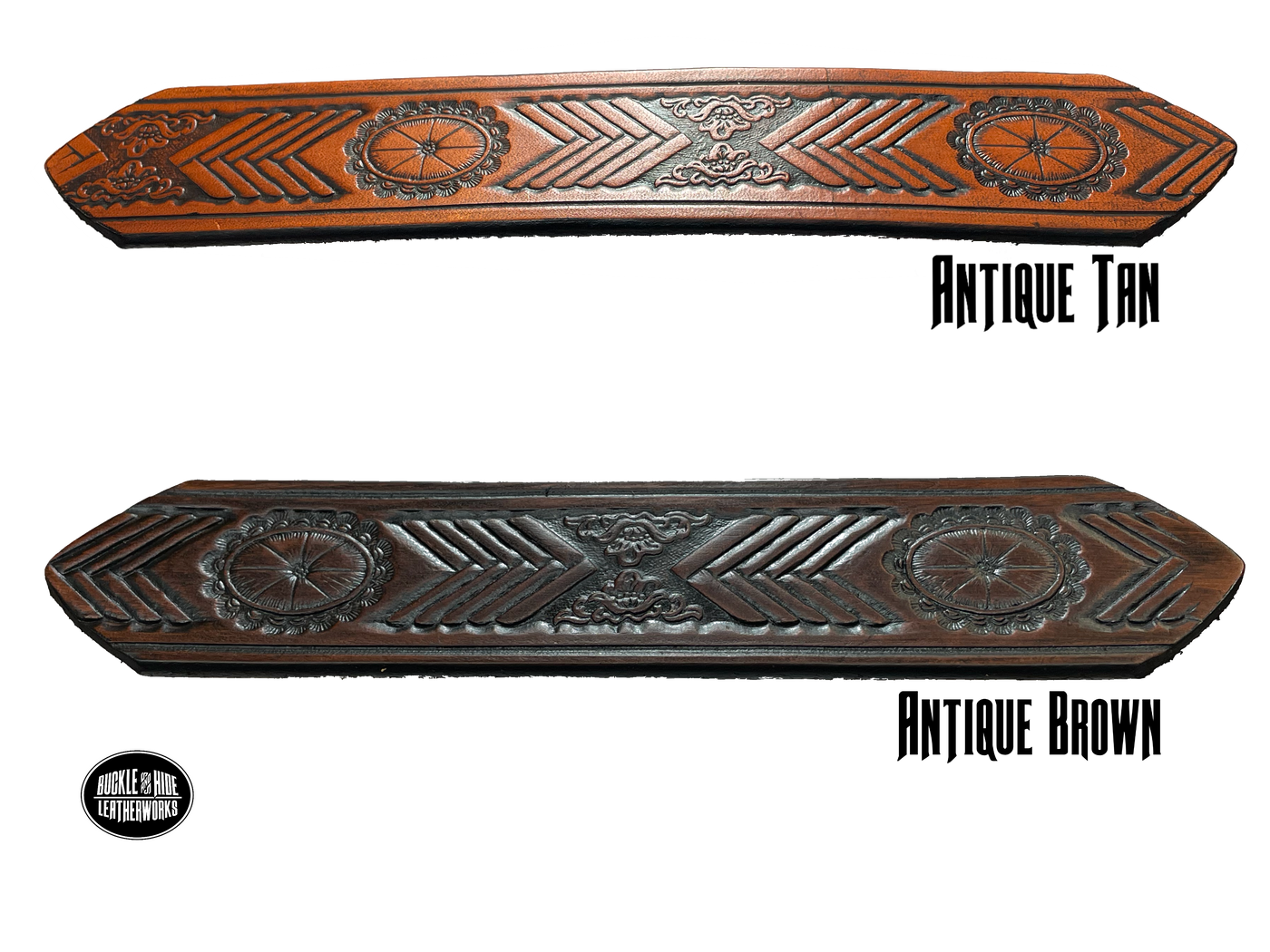 Full grain American vegetable tanned cowhide approx. 1/8"thick. Width 1 1/2" and includes Antique Nickle plated Solid Brass buckle Hand Finished in 3 color options Smooth burnished painted edges Choose with or without name, if without name, design will cover entire length of belt For name Type name desired on belt in "Type Name Here" section, no more than 8 letters maximum Buckle snaps in place for easy changing if desired Made in our Smyrna, TN, USA shop Belt Sizing Instructions