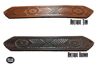 Full grain American vegetable tanned cowhide approx. 1/8"thick. Width 1 1/2" and includes Antique Nickle plated Solid Brass buckle Hand Finished in 3 color options Smooth burnished painted edges Choose with or without name, if without name, design will cover entire length of belt For name Type name desired on belt in "Type Name Here" section, no more than 8 letters maximum Buckle snaps in place for easy changing if desired Made in our Smyrna, TN, USA shop Belt Sizing Instructions