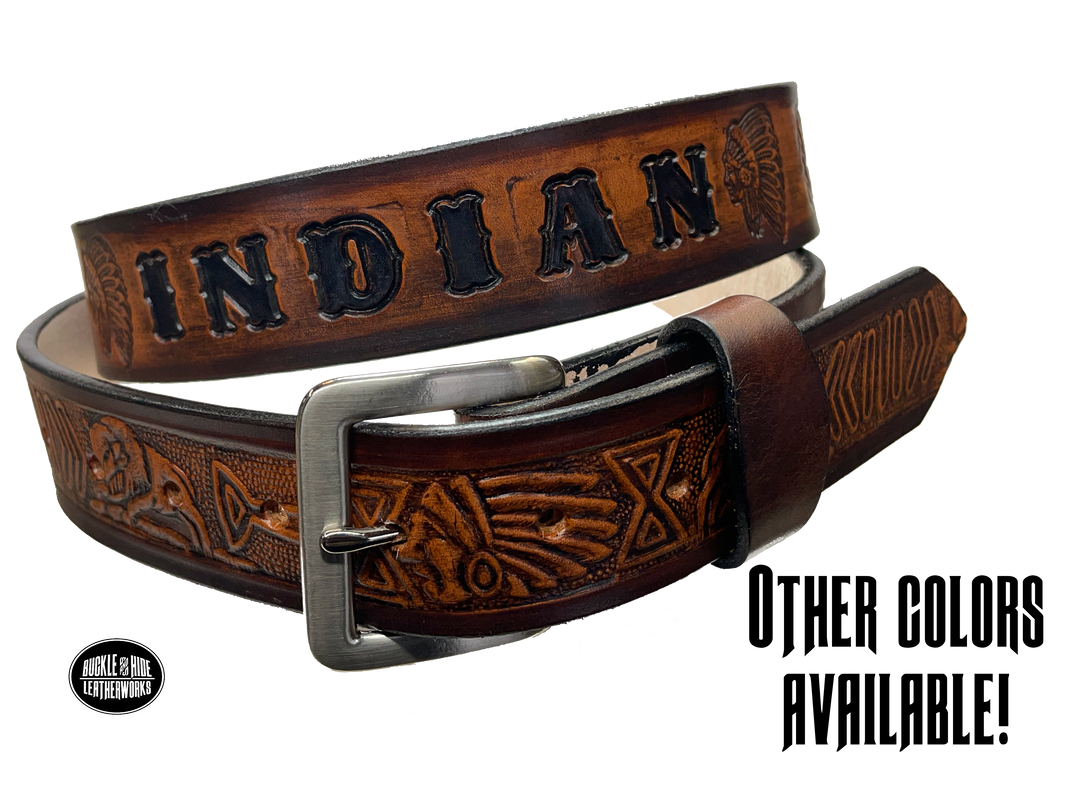 Full grain American vegetable tanned cowhide approx. 1/8"thick. Width 1 1/2" and includes Antique Nickle plated Solid Brass buckle Hand Finished in 3 color options Smooth burnished painted edges Choose with or without name, if without name, design will cover entire length of belt For name Type name desired on belt in "Type Name Here" section, no more than 8 letters maximum Buckle snaps in place for easy changing if desired Made in our Smyrna, TN, USA shop Belt Sizing Instructions