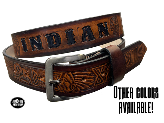 Full grain American vegetable tanned cowhide approx. 1/8"thick. Width 1 1/2" and includes Antique Nickle plated Solid Brass buckle Hand Finished in 3 color options Smooth burnished painted edges Choose with or without name, if without name, design will cover entire length of belt For name Type name desired on belt in "Type Name Here" section, no more than 8 letters maximum Buckle snaps in place for easy changing if desired Made in our Smyrna, TN, USA shop Belt Sizing Instructions