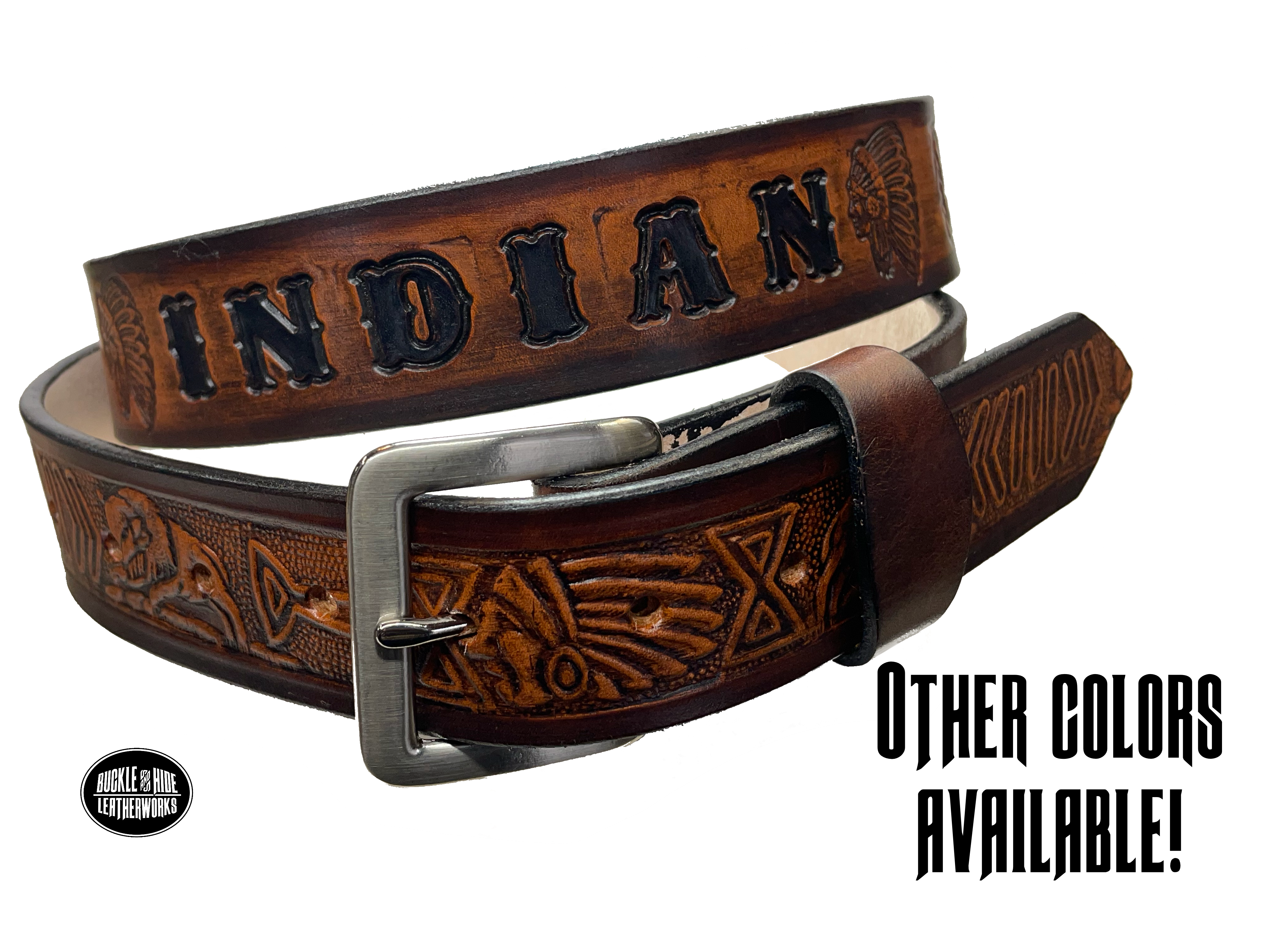 Full grain American vegetable tanned cowhide approx. 1/8"thick. Width 1 1/2" and includes Antique Nickle plated Solid Brass buckle Hand Finished in 3 color options Smooth burnished painted edges Choose with or without name, if without name, design will cover entire length of belt For name Type name desired on belt in "Type Name Here" section, no more than 8 letters maximum Buckle snaps in place for easy changing if desired Made in our Smyrna, TN, USA shop Belt Sizing Instructions