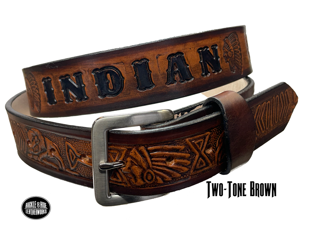 Full grain American vegetable tanned cowhide approx. 1/8"thick. Width 1 1/2" and includes Antique Nickle plated Solid Brass buckle Hand Finished in 3 color options Smooth burnished painted edges Choose with or without name, if without name, design will cover entire length of belt For name Type name desired on belt in "Type Name Here" section, no more than 8 letters maximum Buckle snaps in place for easy changing if desired Made in our Smyrna, TN, USA shop Belt Sizing Instructions