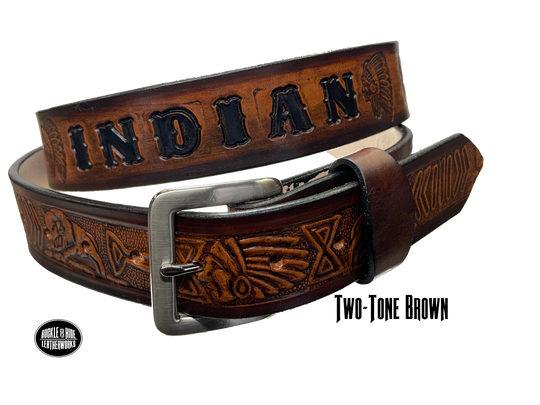 Full grain American vegetable tanned cowhide approx. 1/8"thick. Width 1 1/2" and includes Antique Nickle plated Solid Brass buckle Hand Finished in 3 color options Smooth burnished painted edges Choose with or without name, if without name, design will cover entire length of belt For name Type name desired on belt in "Type Name Here" section, no more than 8 letters maximum Buckle snaps in place for easy changing if desired Made in our Smyrna, TN, USA shop Belt Sizing Instructions