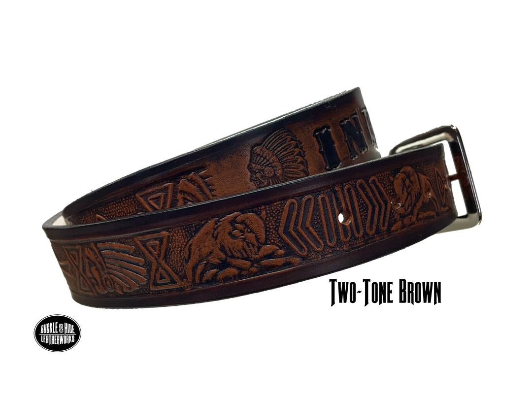 Full grain American vegetable tanned cowhide approx. 1/8"thick. Width 1 1/2" and includes Antique Nickle plated Solid Brass buckle Hand Finished in 3 color options Smooth burnished painted edges Choose with or without name, if without name, design will cover entire length of belt For name Type name desired on belt in "Type Name Here" section, no more than 8 letters maximum Buckle snaps in place for easy changing if desired Made in our Smyrna, TN, USA shop Belt Sizing Instructions