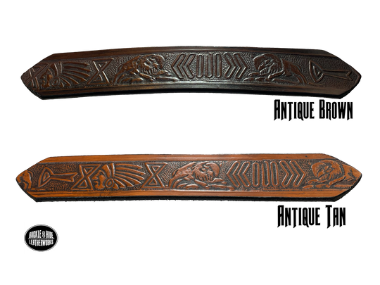 Full grain American vegetable tanned cowhide approx. 1/8"thick. Width 1 1/2" and includes Antique Nickle plated Solid Brass buckle Hand Finished in 3 color options Smooth burnished painted edges Choose with or without name, if without name, design will cover entire length of belt For name Type name desired on belt in "Type Name Here" section, no more than 8 letters maximum Buckle snaps in place for easy changing if desired Made in our Smyrna, TN, USA shop