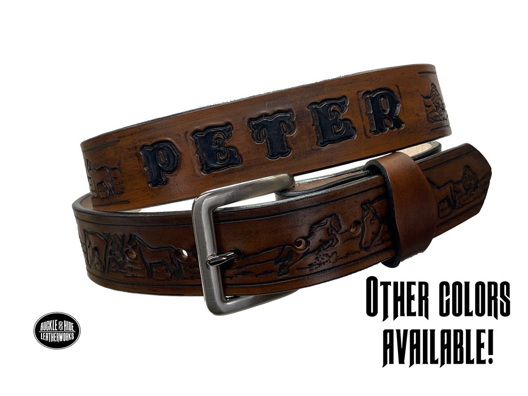 Full grain American vegetable tanned cowhide approx. 1/8"thick. Width 1 1/2" and includes Antique Nickle plated Solid Brass buckle Hand Finished in 3 color options Smooth burnished painted edges Choose with or without name, if without name, design will cover entire length of belt For name Type name desired on belt in "Type Name Here" section, no more than 8 letters maximum Buckle snaps in place for easy changing if desired Made in our Smyrna, TN, USA shop Belt Sizing Instructions