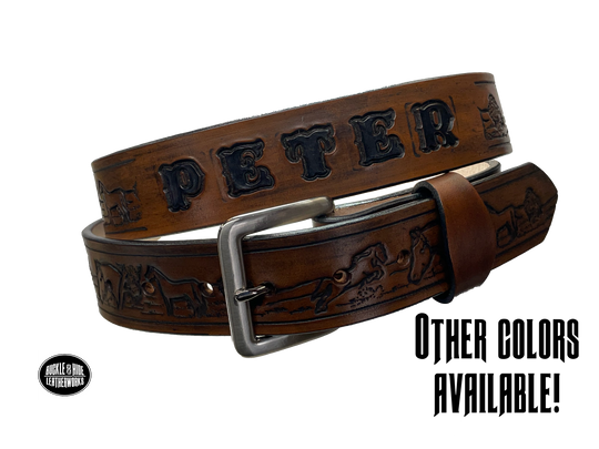 Full grain American vegetable tanned cowhide approx. 1/8"thick. Width 1 1/2" and includes Antique Nickle plated Solid Brass buckle Hand Finished in 3 color options Smooth burnished painted edges Choose with or without name, if without name, design will cover entire length of belt For name Type name desired on belt in "Type Name Here" section, no more than 8 letters maximum Buckle snaps in place for easy changing if desired Made in our Smyrna, TN, USA shop Belt Sizing Instructions