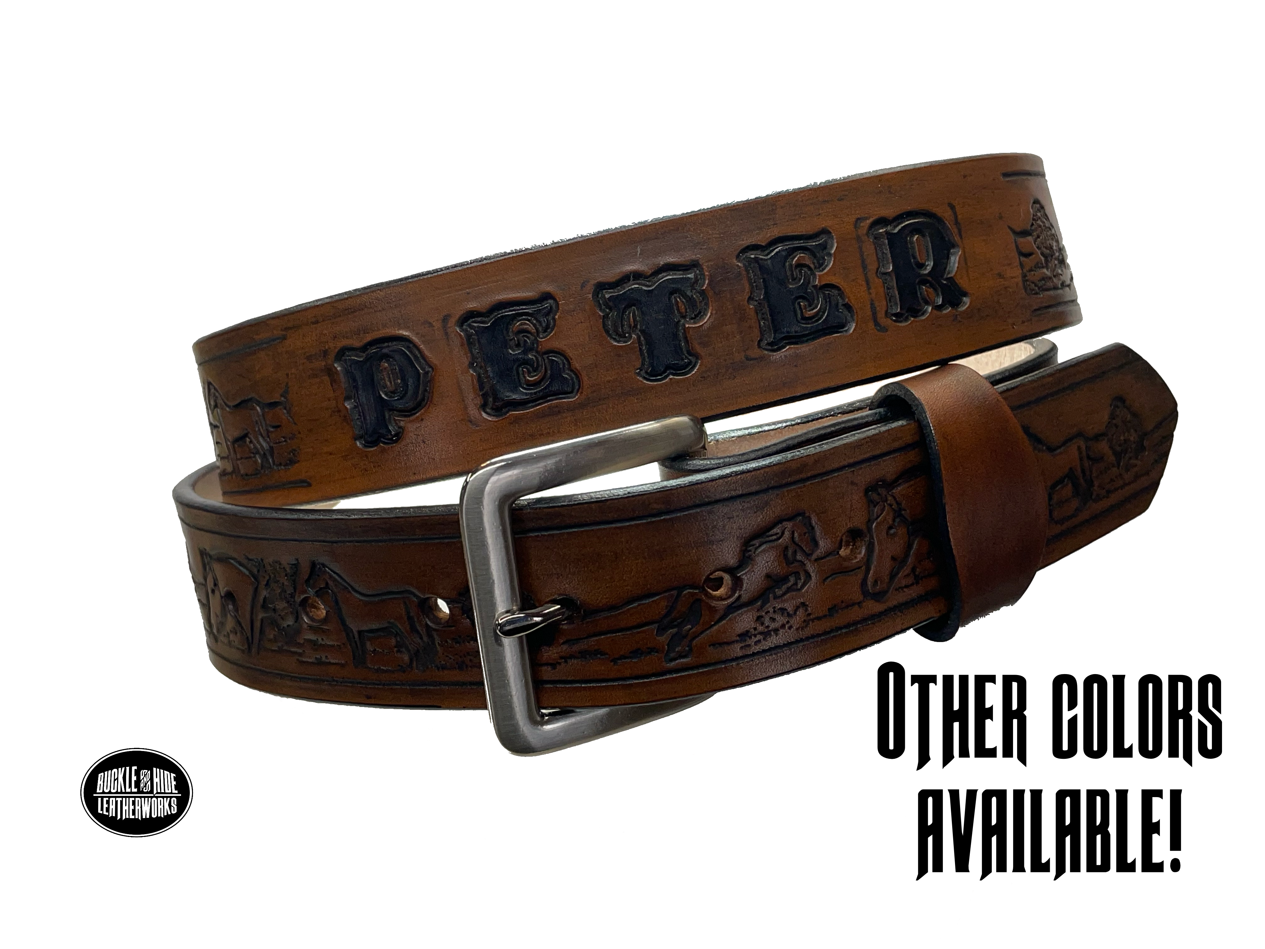 Full grain American vegetable tanned cowhide approx. 1/8"thick. Width 1 1/2" and includes Antique Nickle plated Solid Brass buckle Hand Finished in 3 color options Smooth burnished painted edges Choose with or without name, if without name, design will cover entire length of belt For name Type name desired on belt in "Type Name Here" section, no more than 8 letters maximum Buckle snaps in place for easy changing if desired Made in our Smyrna, TN, USA shop Belt Sizing Instructions