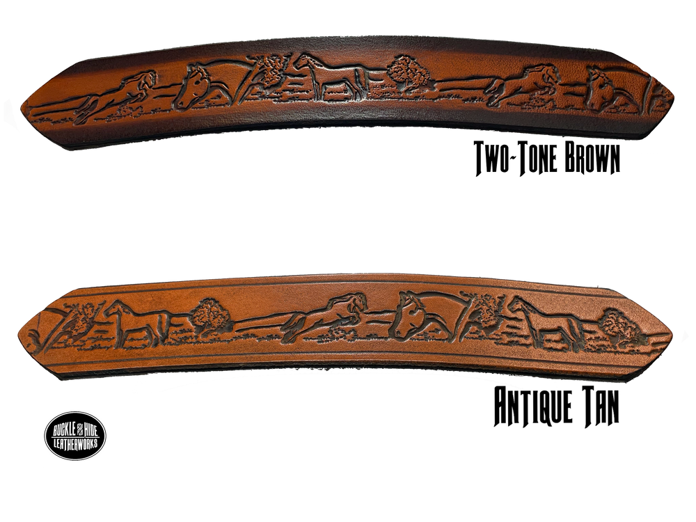 Full grain American vegetable tanned cowhide approx. 1/8"thick. Width 1 1/2" and includes Antique Nickle plated Solid Brass buckle Hand Finished in 3 color options Smooth burnished painted edges Choose with or without name, if without name, design will cover entire length of belt For name Type name desired on belt in "Type Name Here" section, no more than 8 letters maximum Buckle snaps in place for easy changing if desired Made in our Smyrna, TN, USA shop Belt Sizing Instructions