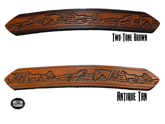 Full grain American vegetable tanned cowhide approx. 1/8"thick. Width 1 1/2" and includes Antique Nickle plated Solid Brass buckle Hand Finished in 3 color options Smooth burnished painted edges Choose with or without name, if without name, design will cover entire length of belt For name Type name desired on belt in "Type Name Here" section, no more than 8 letters maximum Buckle snaps in place for easy changing if desired Made in our Smyrna, TN, USA shop Belt Sizing Instructions