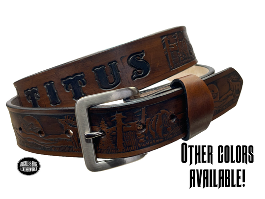 Take a trip to the majestic Colorado Rockies with this unique Name belt with elk, Bear, and Eagle Veg-tan leather approx. 1/8" thick. Hand finished in 3 color options and includes tasteful brass buckle. Easy buckle change with snaps, you'll be ready for every adventure! made in our Smyrna, TN shop just outside Nashville.