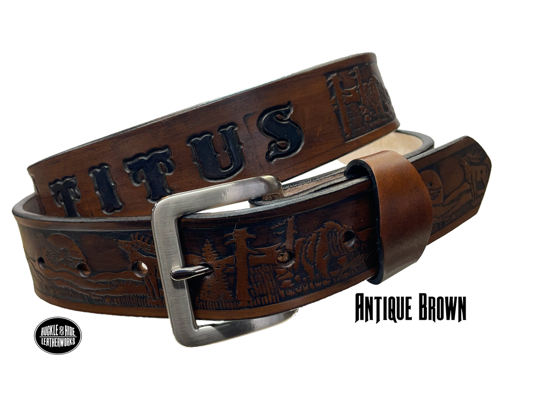 Take a trip to the majestic Colorado Rockies with this unique Name belt with elk, Bear, and Eagle Veg-tan leather approx. 1/8" thick. Hand finished in 3 color options and includes tasteful brass buckle. Easy buckle change with snaps, you'll be ready for every adventure! made in our Smyrna, TN shop just outside Nashville.