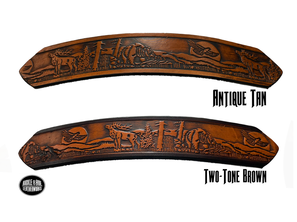 Take a trip to the majestic Colorado Rockies with this unique Name belt with elk, Bear, and Eagle Veg-tan leather approx. 1/8" thick. Hand finished in 3 color options and includes tasteful brass buckle. Easy buckle change with snaps, you'll be ready for every adventure! made in our Smyrna, TN shop just outside Nashville.