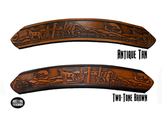 Take a trip to the majestic Colorado Rockies with this unique Name belt with elk, Bear, and Eagle Veg-tan leather approx. 1/8" thick. Hand finished in 3 color options and includes tasteful brass buckle. Easy buckle change with snaps, you'll be ready for every adventure! made in our Smyrna, TN shop just outside Nashville.