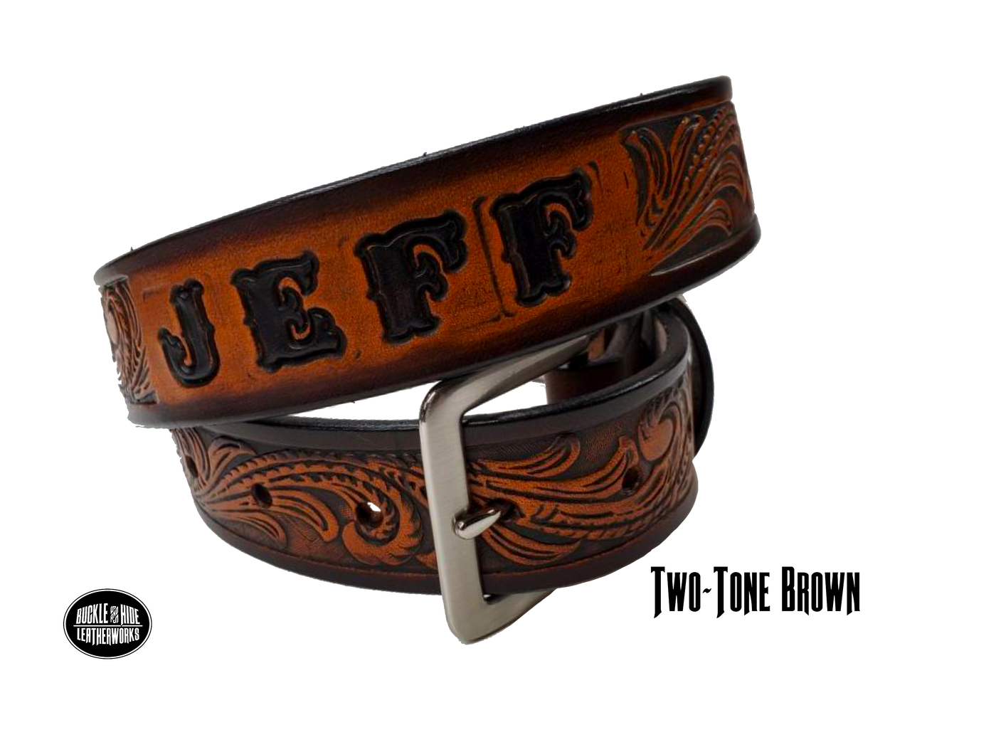 Full grain American vegetable tanned cowhide approx. 1/8"thick. Width 1 1/2" and includes Antique Nickle plated Solid Brass buckle Hand Finished in 3 color options Smooth burnished painted edges Choose with or without name, if without name, design will cover entire length of belt For name Type name desired on belt in "Type Name Here" section, no more than 8 letters maximum Buckle snaps in place for easy changing if desired Made in our Smyrna, TN, USA shop