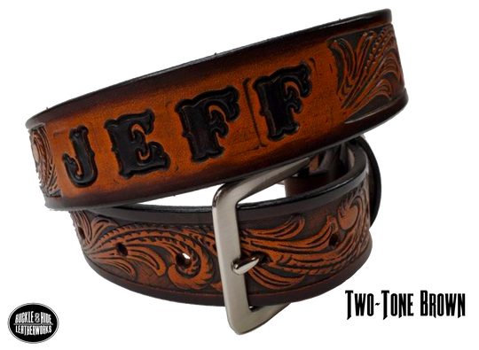 Our Rustler Name Leather Belt is Full grain American vegetable tanned cowhide approx. 1/8"thick. Width 1 1/2" and includes Antique Nickle plated Solid Brass buckle. Hand Finished and Smooth burnished painted edges. Choose with or without name, if without name, design will cover entire length of belt. For name Type name desired on belt in "Type Name Here" section, no more than 10 letters maximum. Buckle snaps in place for easy changing if desired. Made in our Smyrna, TN, USA shop.