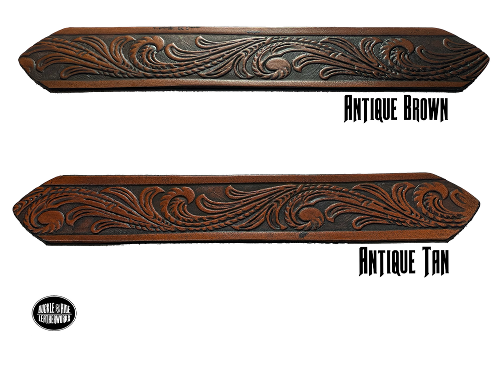 Our Patriot" Name Leather Belt is Full grain American vegetable tanned cowhide approx. 1/8"thick.&nbsp;Width 1 1/2" and includes Antique Nickle plated Solid Brass buckle. Hand Finished with Smooth burnished painted edges. Choose with or without name, if without name, design will cover entire length of belt. For name Type name desired on belt in "Type Name Here" section, no more than 10 letters maximum. Buckle snaps in place for easy changing if desired. Made in our Smyrna, TN, USA shop.