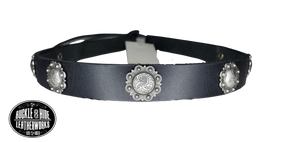 Conchos started in the late 1800's by the southwest Native Americans and become part of the Western culture. Our 7 Berry concho leather hatband is 3/4" wide by 23" (without tie string). Available in black or brown, pick one or a few. Fit's most any hat with adjustable bead and leather 1/8" string. Will fit most TOP HAT style and WESTERN crowned hats. Made in our Smyrna Tn. shop.