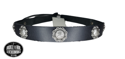 Conchos started in the late 1800's by the southwest Native Americans and become part of the Western culture. Our 7 Berry concho leather hatband is 3/4" wide by 23" (without tie string). Available in black or brown, pick one or a few. Fit's most any hat with adjustable bead and leather 1/8" string. Will fit most TOP HAT style and WESTERN crowned hats. Made in our Smyrna Tn. shop.