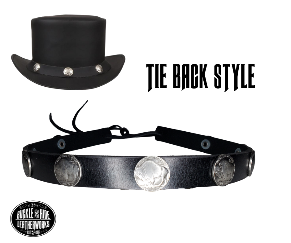 What's more classic than a the Buffalo Nickel? Our 9 Buffalo Nickels leather hatband is 3/4" wide by 23" (without tie string). Available in black or brown, pick one or a few. Fit's most any hat with adjustable bead and leather 1/8" string. Will fit most TOP HAT style and WESTERN crowned hats. Made in our Smyrna Tn. shop.