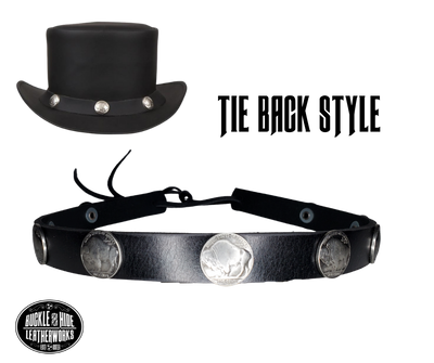 What's more classic than a the Buffalo Nickel? Our 9 Buffalo Nickels leather hatband is 3/4" wide by 23" (without tie string). Available in black or brown, pick one or a few. Fit's most any hat with adjustable bead and leather 1/8" string. Will fit most TOP HAT style and WESTERN crowned hats. Made in our Smyrna Tn. shop.
