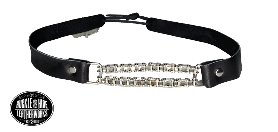 Bike up your Top Hat with Bike Chain Band. 1/2" width is great for Top Hats and will fit up to size 7 1/2 hat. Fit's most any hat with adjustable bead and leather 1/8" string. Also will fit most WESTERN crowned hats. Made in our Smyrna Tn. shop.