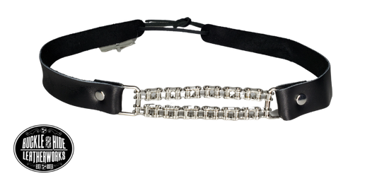 Bike up your Top Hat with Bike Chain Band. 1/2" width is great for Top Hats and will fit up to size 7 1/2 hat. Fit's most any hat with adjustable bead and leather 1/8" string. Also will fit most WESTERN crowned hats. Made in our Smyrna Tn. shop.