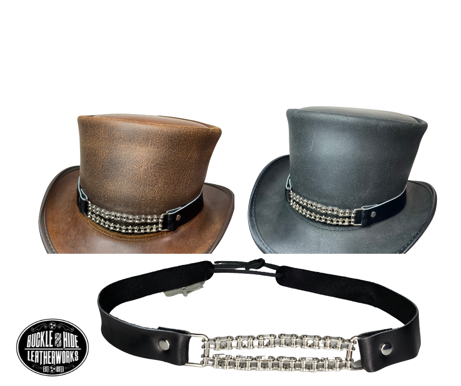 Bike up your Top Hat with Bike Chain Band. 1/2" width is great for Top Hats and will fit up to size 7 1/2 hat. Fit's most any hat with adjustable bead and leather 1/8" string. Also will fit most WESTERN crowned hats. Made in our Smyrna Tn. shop.