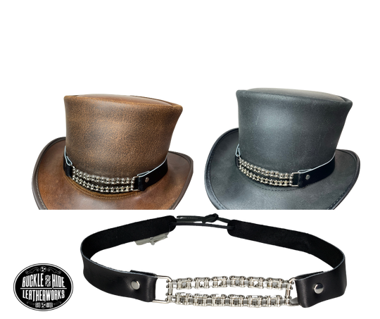 Bike up your Top Hat with Bike Chain Band. 1/2" width is great for Top Hats and will fit up to size 7 1/2 hat. Fit's most any hat with adjustable bead and leather 1/8" string. Also will fit most WESTERN crowned hats. Made in our Smyrna Tn. shop.