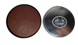 Made in our shop in Smyrna, TN just outside Nashville TN. Real cowhide approx. 3/16"thick in a 3 5/8" diameter coaster.  Embossed with famous Tennessee Tri-Star emblem10 coasters in a tin case. Great for groomsmen gifts, Weddings, Events and more. Contact us for bulk purchases of 50 or 500...