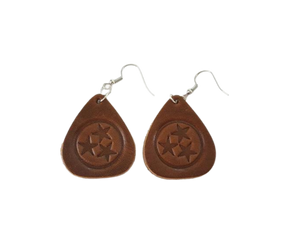 Tennessee Tri-Star Guitar pick earrings. Cut in the shape of a guitar pick and embossed with the Tennessee Tri-Star Logo. Made from Tennessee tanned cowhide leather in Smyrna Tenn. That's a lot of Tennessee! Nickle free ear wires