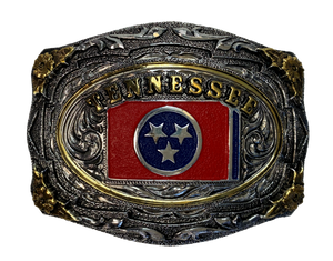 Scroll design belt buckle with beaded edge Tennessee Flag affixed to center Heavy duty Dimensions 2 3/4" tall by 4" wide Fits belts up to 1 3/4" width Sold online and in our shop in Smyrna, TN, just outside of Nashville.