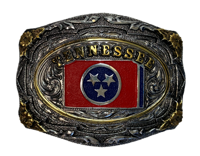 Scroll design belt buckle with beaded edge Tennessee Flag affixed to center Heavy duty Dimensions 2 3/4" tall by 4" wide Fits belts up to 1 3/4" width Sold online and in our shop in Smyrna, TN, just outside of Nashville.