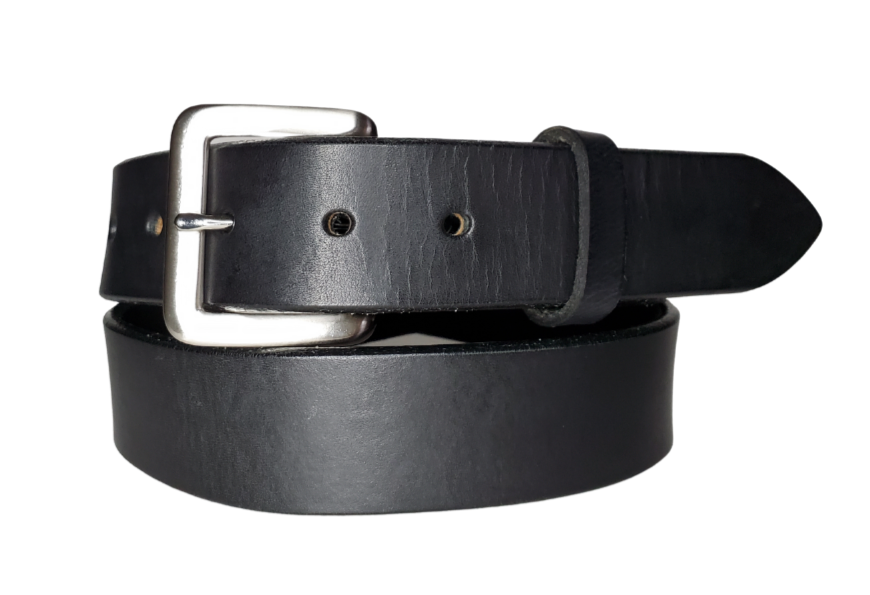 Our handmade BRIDLE leather belt is made in Smyrna, TN, just outside of Nashville. The single strip of leather is our standard 1/8" thick and is 1 1/2" wide.  Great for everyday wear! The Antique Nickel Solid Brass buckle is snapped in place with heavy duty snaps.  Edges are smoothed and painted. Lengths may be available up to 60", please call to check for availability.