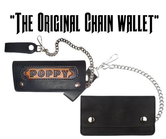 This is the Original Chain Wallet, great for the Modern minimalist. One credit card slot in the front with 2 main cash or whatever your STUFF is....5 year old receipts, concert stub from high school, the stuff you forgot was in there!  Made in USA 2 main Cash compartments 1 card slot Complete with 12" chain  Dimensions: 7 1/2" x 4" folded, 7 1/2" x7 1/2" opened