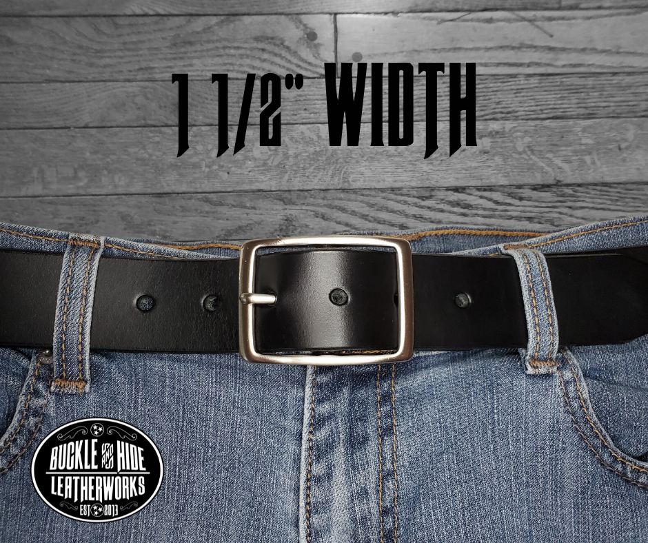 This Solid Black leather belt is made from Drum dyed cowhide that is long lasting but still nice enough for a night out. The edges are beveled and painted for a finished look. It has an antique nickel coated solid brass buckle that is snapped in place. Belt is 1 1/2" wide and available in lengths from 32" to 44".&nbsp; It is handmade in our shop in Smyrna, TN, just outside of Nashville.