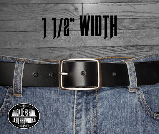 This Solid Black leather belt is made from Drum dyed cowhide that is long lasting but still nice enough for a night out. The edges are beveled and painted for a finished look. It has an antique nickel coated solid brass buckle that is snapped in place. Belt is 1 1/2" wide and available in lengths from 32" to 44".&nbsp; It is handmade in our shop in Smyrna, TN, just outside of Nashville.