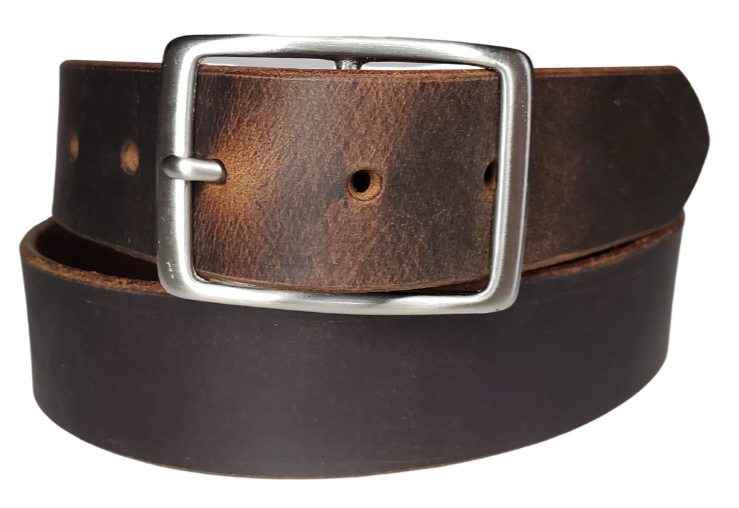 This rustic Townsend" Viejo Marron leather belt is made from Crazy Horse tanned leather for that distressed and used look. The edges are beveled and burnished left the natural color for a contrasting appearance. It has an antique nickel plated Center Bar style buckle that is snapped in place, so you can change it if you want for a totally different look. Belt is 1 1/2" wide and available in lengths from 32" to 44". It is handmade in our shop in Smyrna, TN, just outside of Nashville.