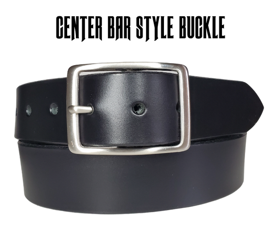 This Solid Black leather belt is made from Drum dyed cowhide that is long lasting but still nice enough for a night out. The edges are beveled and painted for a finished look. It has an antique nickel coated solid brass buckle that is snapped in place. Belt is 1 1/2" wide and available in lengths from 32" to 44".  It is handmade in our shop in Smyrna, TN, just outside of Nashville.