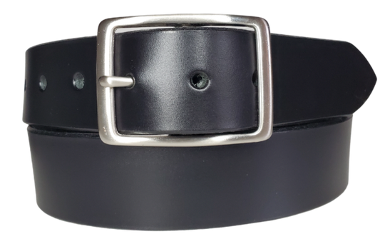 This Solid Black leather belt is made from Drum dyed cowhide that is long lasting but still nice enough for a night out. The edges are beveled and painted for a finished look. It has an antique nickel coated solid brass buckle that is snapped in place. Belt is 1 1/2" wide and available in lengths from 32" to 44".&nbsp; It is handmade in our shop in Smyrna, TN, just outside of Nashville.