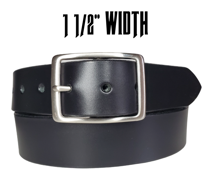 This Solid Black leather belt is made from Drum dyed cowhide that is long lasting but still nice enough for a night out. The edges are beveled and painted for a finished look. It has an antique nickel coated solid brass buckle that is snapped in place. Belt is 1 1/2" wide and available in lengths from 32" to 44".  It is handmade in our shop in Smyrna, TN, just outside of Nashville.