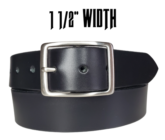 This Solid Black leather belt is made from Drum dyed cowhide that is long lasting but still nice enough for a night out. The edges are beveled and painted for a finished look. It has an antique nickel coated solid brass buckle that is snapped in place. Belt is 1 1/2" wide and available in lengths from 32" to 44".  It is handmade in our shop in Smyrna, TN, just outside of Nashville.