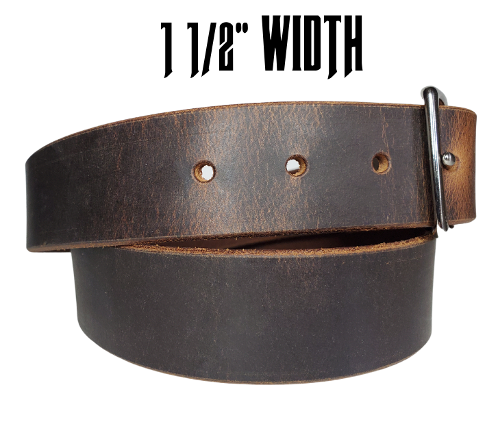 This rustic Townsend" Viejo Marron leather belt is made from Crazy Horse tanned leather for that distressed and used look. The edges are beveled and burnished left the natural color for a contrasting appearance. It has an antique nickel plated Center Bar style buckle that is snapped in place, so you can change it if you want for a totally different look. Belt is 1 1/2" wide and available in lengths from 32" to 44". It is handmade in our shop in Smyrna, TN, just outside of Nashville.