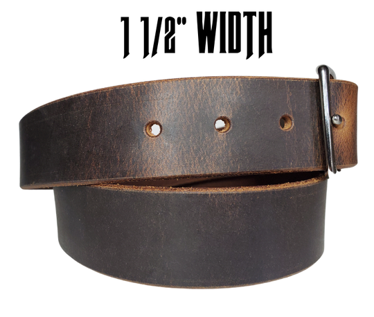 This rustic Townsend" Viejo Marron leather belt is made from Crazy Horse tanned leather for that distressed and used look. The edges are beveled and burnished left the natural color for a contrasting appearance. It has an antique nickel plated Center Bar style buckle that is snapped in place, so you can change it if you want for a totally different look. Belt is 1 1/2" wide and available in lengths from 32" to 44". It is handmade in our shop in Smyrna, TN, just outside of Nashville.